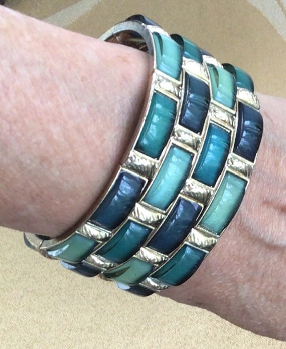 Green, Blue Elastic Wide Bracelet, Gold tone, Vin… - image 1