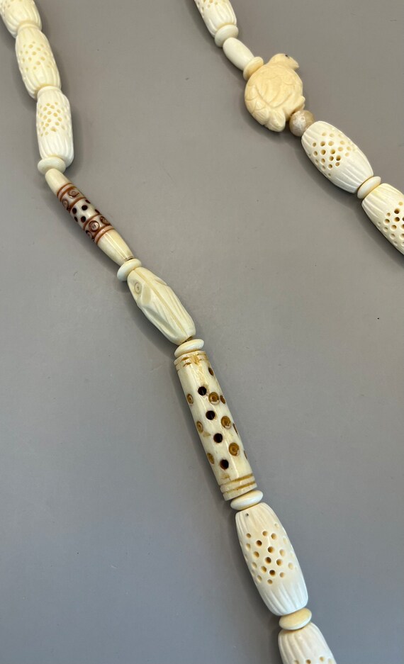 Bone, Wooden Carved Beaded Necklace, 30”, Vintage - image 4