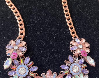 Joan Rivers Purple, Peach, Pink Floral Statement Necklace, Copper, 18”-21”, Vintage