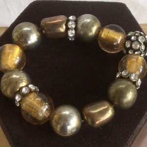 Golden Yellow Glass Bead, Tri-color Metal Bead, Rhinestone Elastic Bracelet, Vintage (H14)