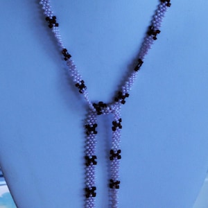 Purple, Brown Woven Glass Seed Bead Lariat Necklace., Vintage, 1970&#39;s (AG14)