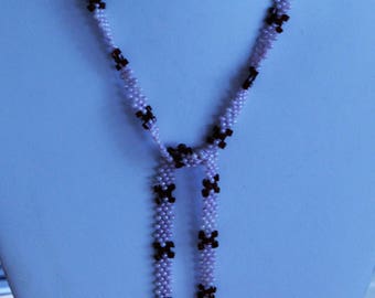 Purple, Brown Woven Glass Seed Bead Lariat Necklace., Vintage, 1970's (AG14)