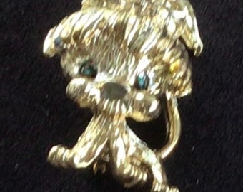 Goldfarbener Niedlicher Hunde Pin, Vintage, Grüne Augen (N12)