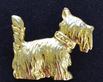 Vintage Scottie Dog Brooch, Gold Tone with a Crystal Eye, c.1980s