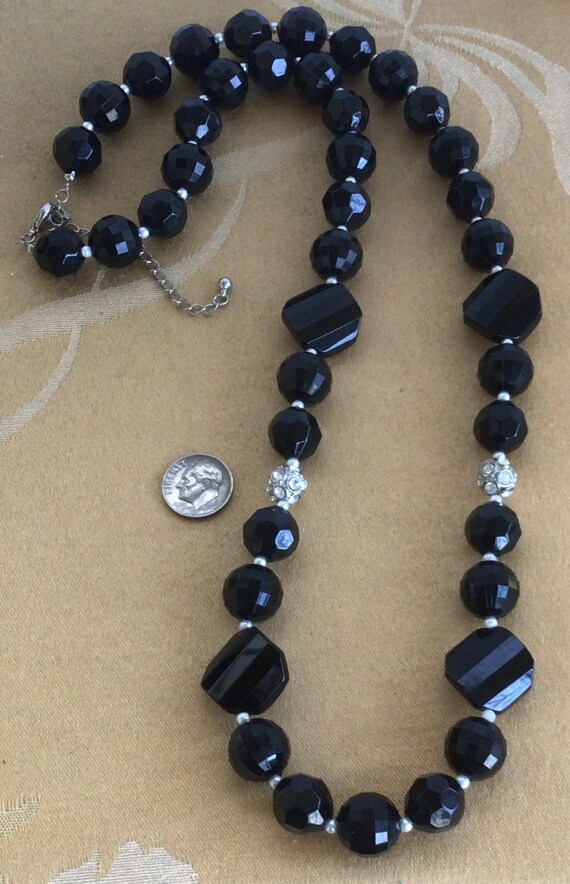 Black Plastic, Rhinestone Beaded Necklace, Adjust… - image 3
