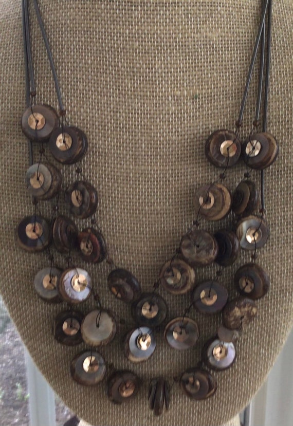 Brown Coconut Shell, Gold Sequin Multi-strand Nec… - image 1