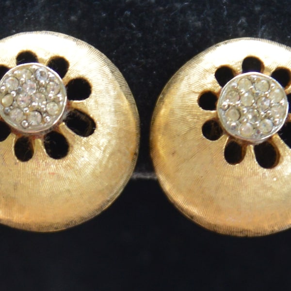 Rhinestone, Brushed Gold tone Button Clip Earrings, Vintage, 1960's (D9)