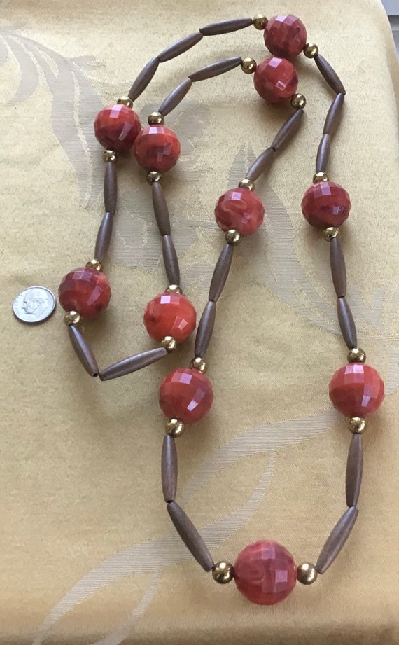 Orange Rust Plastic, Brown Wooden Beaded Necklace… - image 2