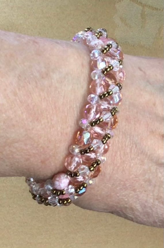 Pink, Clear Crystal, Rhodonite Woven Beaded Brace… - image 1