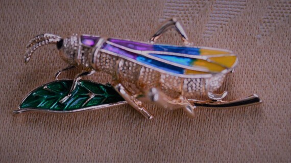 Multi-colored Enamel Grasshopper Pin, Brooch, Gol… - image 2