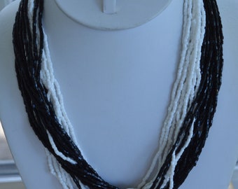 Black, White Glass Seed Bead Necklace, 20", Vintage