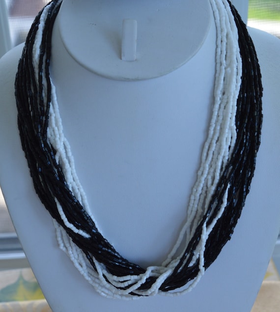 Black, White Glass Seed Bead Necklace, 20", Vintag