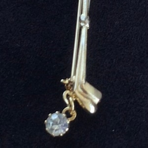 Gold tone Golf Clubs Pin, Rhinestone Ball, Vintage, Sports (C10)