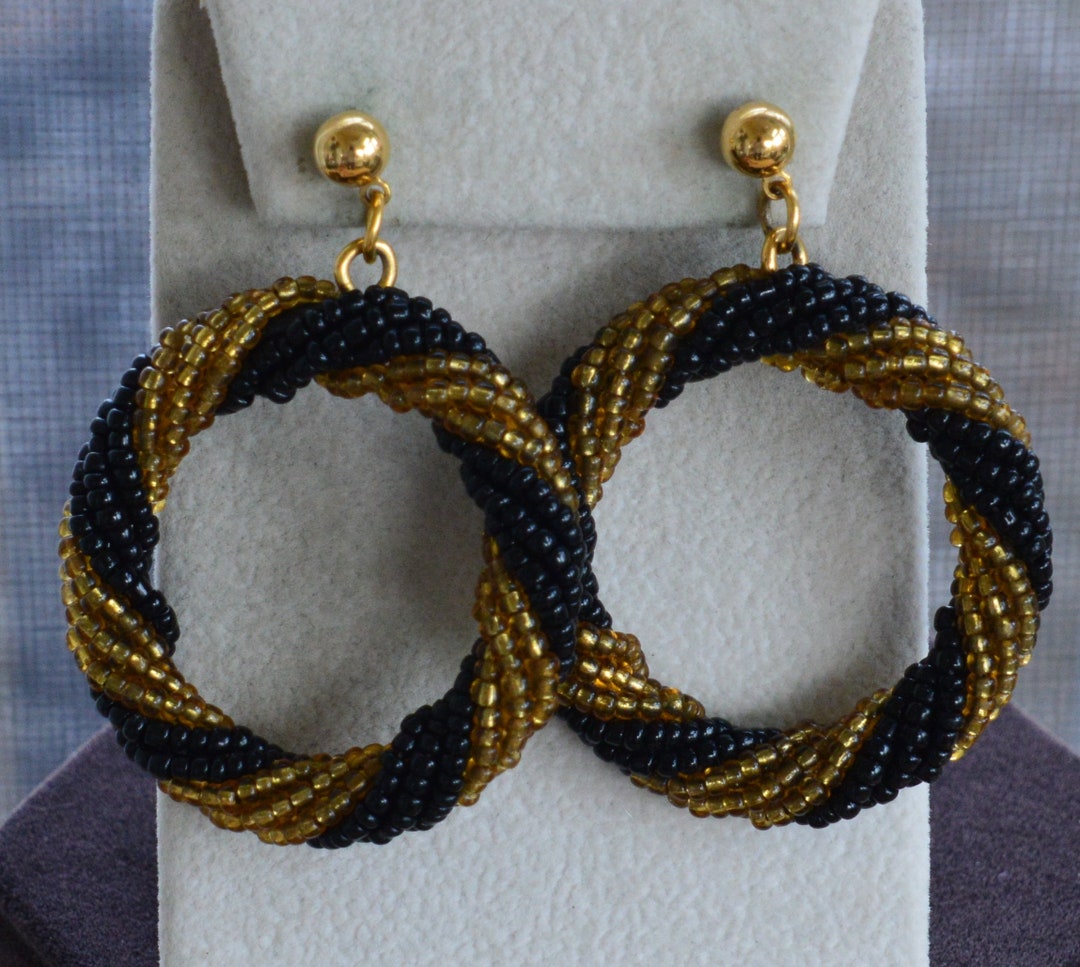 Black, Gold Glass Seed Bead Hoop Pierced Earrings, Vintage (R10) - Etsy