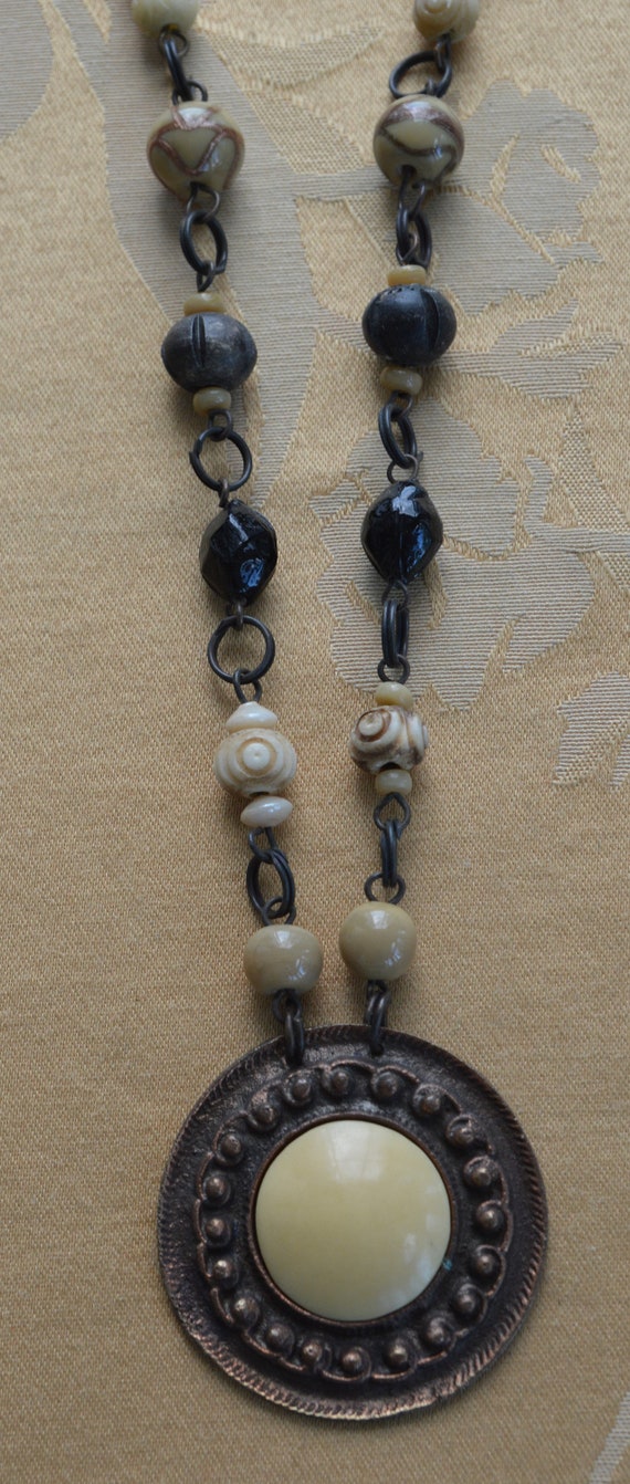 Black, Beige Copper Pendant, Beaded Necklace, Vin… - image 1