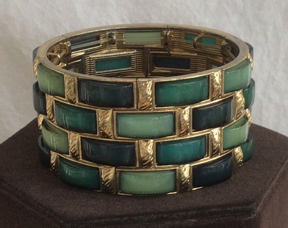 Green, Blue Elastic Wide Bracelet, Gold tone, Vin… - image 2
