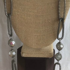 Metallic Silver Beaded Long Chain Necklace, 42”, Vintage, Darkened Silver tone