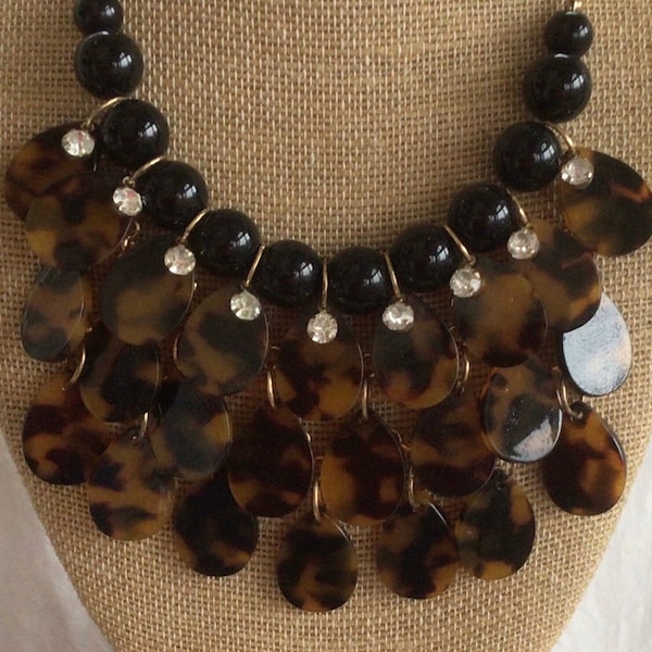 Brown, Black Leopard Bib Necklace, Rhinestone, Gold stone, Vintage, Acrylic, 18”-22-1/2”
