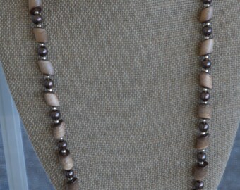 Beige, Brown Faux Pearl Beaded Necklace, Silver tone, Vintage, 30" (AE4)