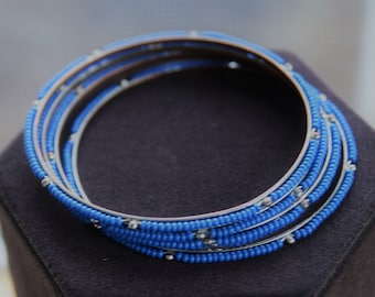 Royal Blue Seed Bead Bangle Bracelets (5), Silver tone, Vintage (P8)