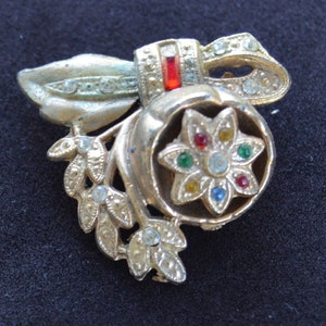 Multi-colored Rhinestone Bow, Floral Brooch, Pin, Gold tone, Vintage, 1940&#39;s (D10)