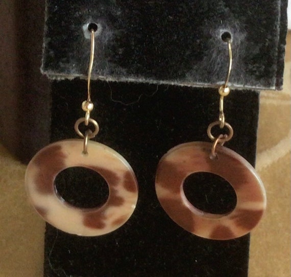 Brown Leopard Shell Dangle Pierced Earrings, Gold… - image 2