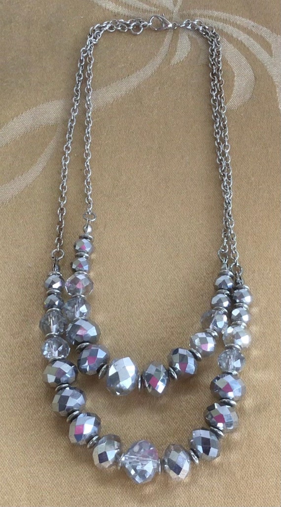 Metallic Silver Crystal Double Strand Necklace, V… - image 2