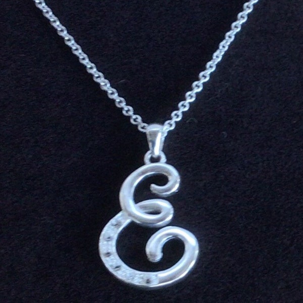 Crystal, Silver tone Letter “E” Pendant Necklace, 18”, New Old Stock (G3)