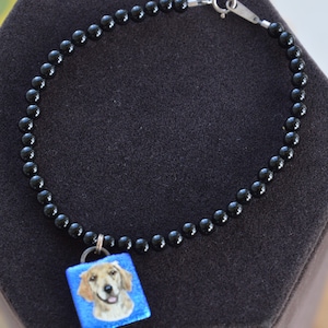 Handpainted Golden Retriever Pendant Bracelet, Black Onyx, 7-1/2&quot; (AO14)