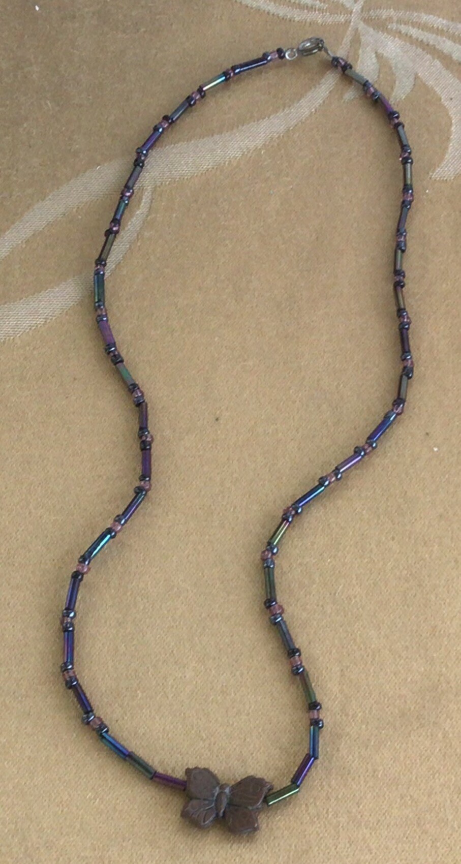 Black Iridescent Glass Bugle Bead, Brass Tone Butterfly