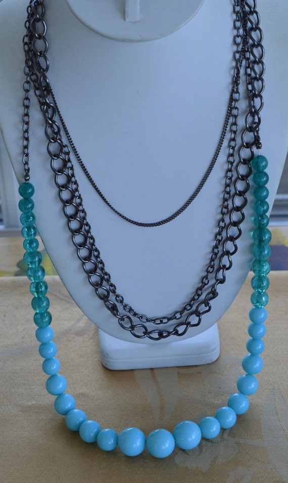 Blue Plastic Beaded, Gray Multi-strand Chain Neck… - image 1