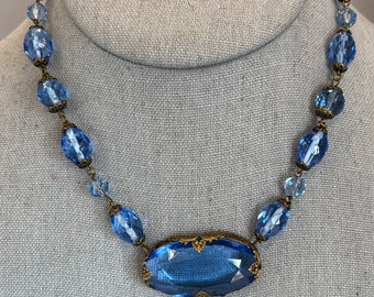 Art Deco Blue Czech Glass, Brass Necklace, 16” (M1)