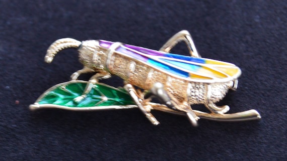 Multi-colored Enamel Grasshopper Pin, Brooch, Gol… - image 1