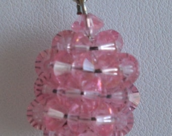 Sparkly Vintage Pink Crystal Beaded Pendant Necklace, 15" Silver tone Chain