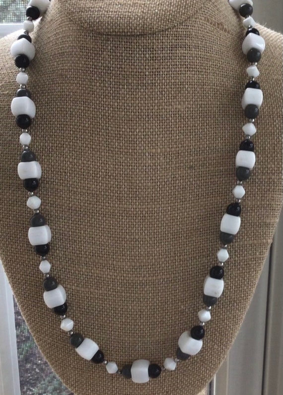 White, Black, Gray Glass Beaded Necklace, Silver … - image 4