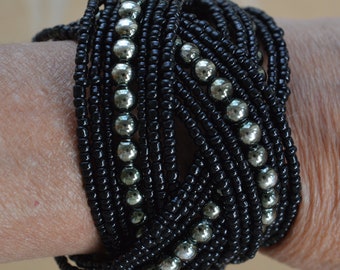 Black Glass Seed Bead Woven Cuff Bracelet, Silver tone Beads, Vintage