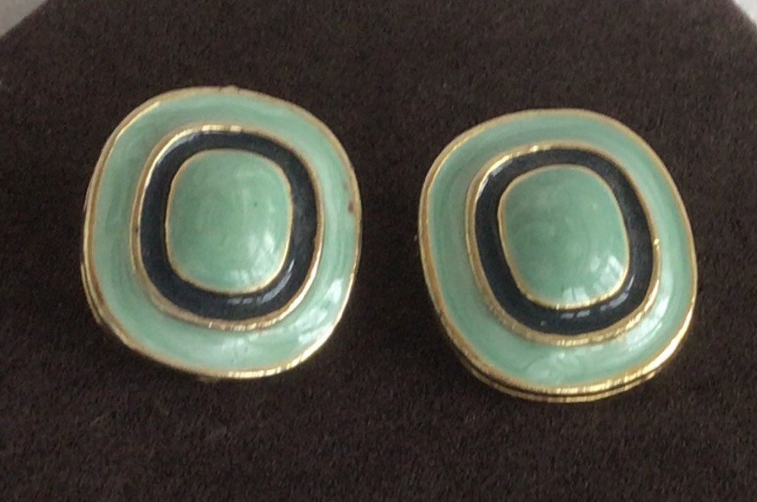 CLIPS Sea Foam Green Black Enamel Clip Earrings Gold Tone Etsy