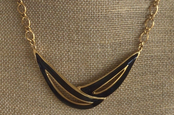 MONET Black Enamel, Gold tone Modern Necklace, 16… - image 1