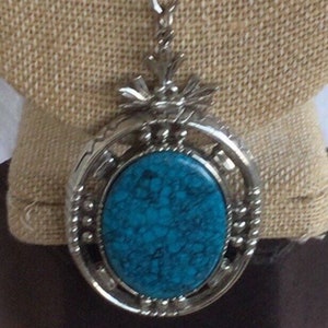 ART Faux Turquoise, Silver tone Pendant Necklace, Vintage, 26” (R17)