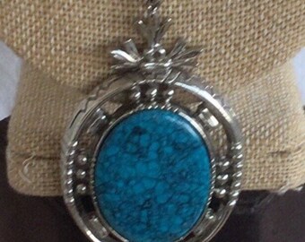 ART Faux Turquoise, Silver tone Pendant Necklace, Vintage, 26” (R17)