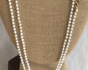 White 3mm Plastic Beaded Necklace, Vintage, 60”, Gold tone (R12)