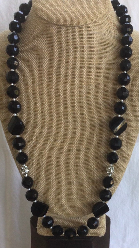 Black Plastic, Rhinestone Beaded Necklace, Adjust… - image 2