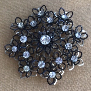 Clear Rhinestone, Black Floral Brooch, Pin, Gold tone, Vintage (AF17)
