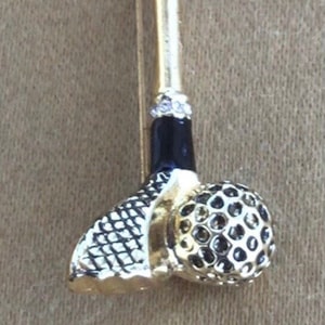 Noir, Gold tone Golf Club, Golf Ball Brooch, Pin, vintage (C7)