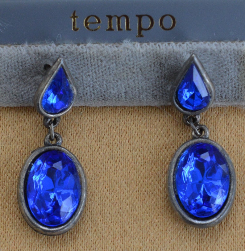 Vintage Silver tone Royal Blue Rhinestone Dangle Pierced Earrings C16