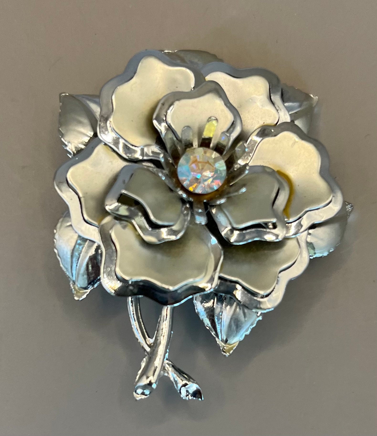 Brushed Silver Ton Floral Rose Brooch, Pin, Aurora Borealis