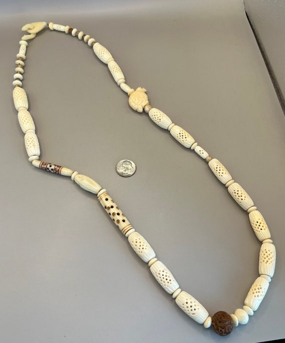 Bone, Wooden Carved Beaded Necklace, 30”, Vintage - image 2
