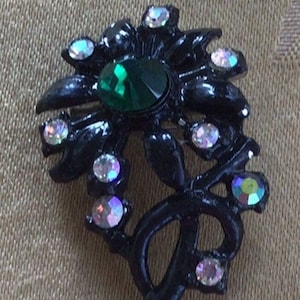Green, Yellow Aurora Borealis Rhinestone, Black Floral Brooch, Pin, Vintage (AE11)