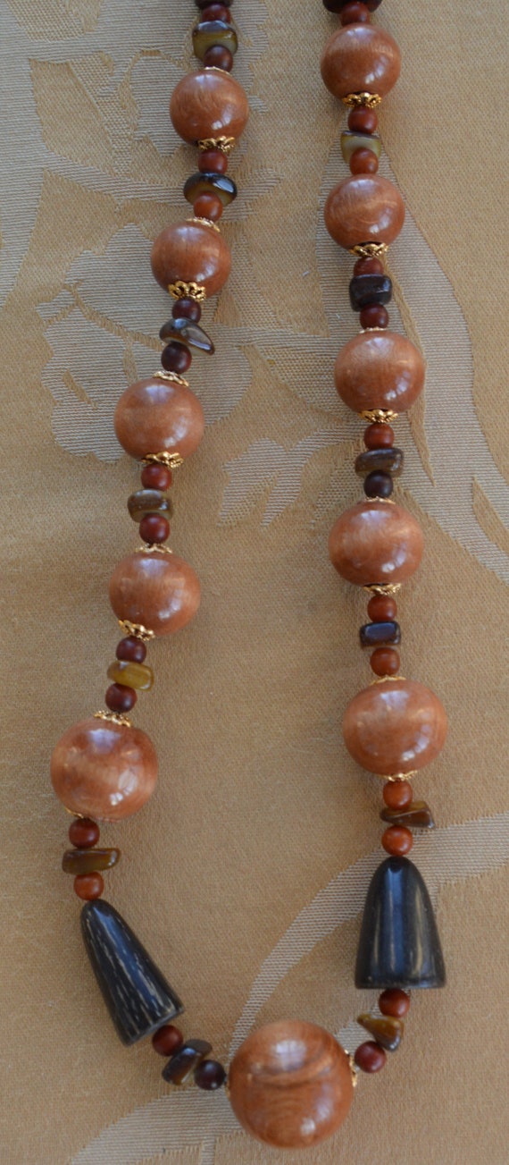 Brown Wooden, Stone Beaded, Horn Necklace, Gold to