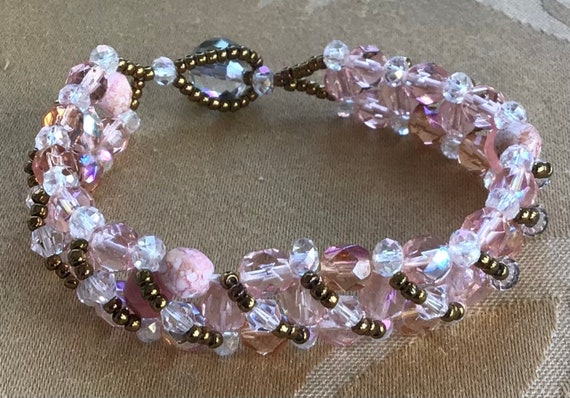Pink, Clear Crystal, Rhodonite Woven Beaded Brace… - image 2